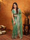 Mehendi Green Fendy Satin Embroidered Saree with Heavy Floral Border & Designer Pallu | Festive Wear Saree with Embroidered Blouse