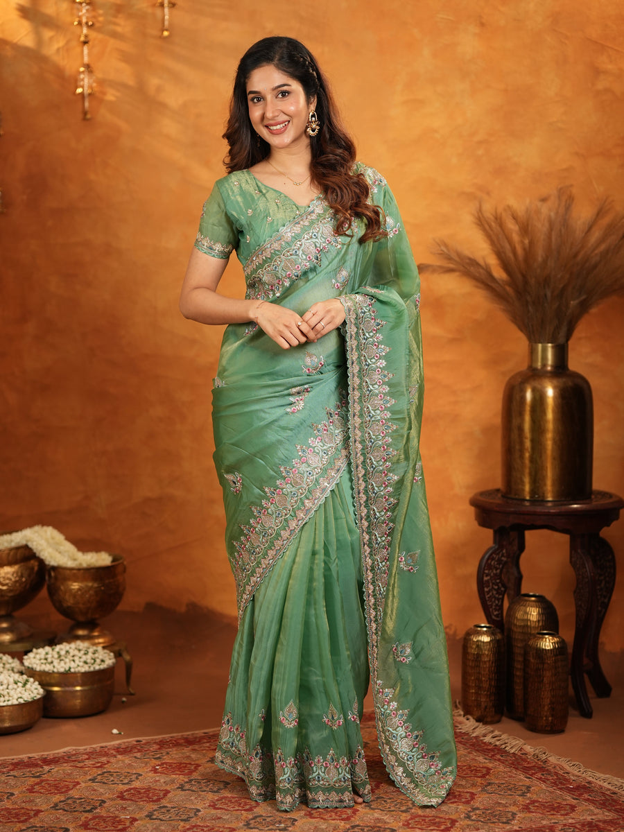 Mehendi Green Fendy Satin Embroidered Saree with Heavy Floral Border & Designer Pallu | Festive Wear Saree with Embroidered Blouse