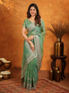 Mehendi Green Fendy Satin Embroidered Saree with Heavy Floral Border & Designer Pallu | Festive Wear Saree with Embroidered Blouse
