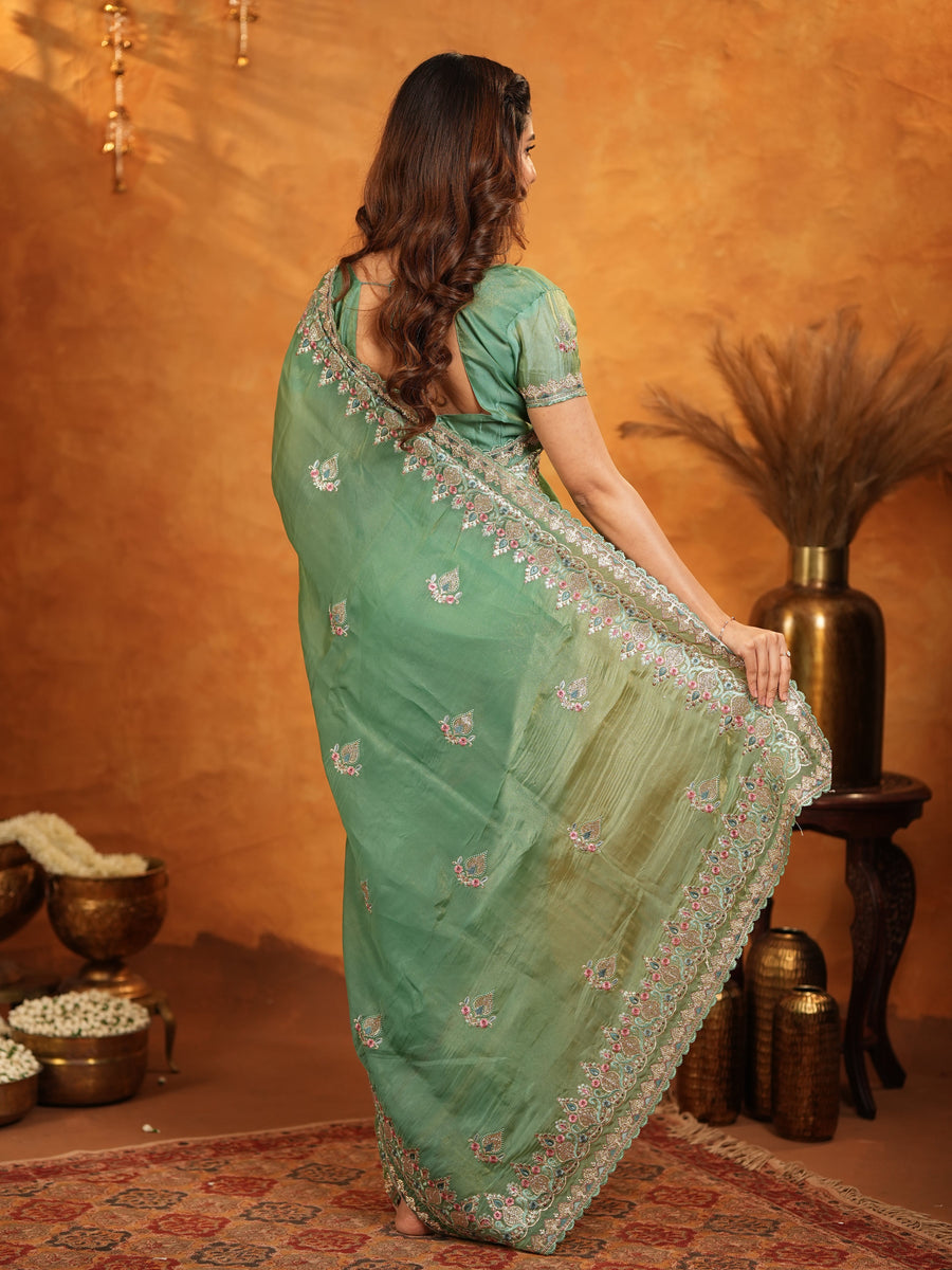 Mehendi Green Fendy Satin Embroidered Saree with Heavy Floral Border & Designer Pallu | Festive Wear Saree with Embroidered Blouse