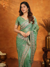 Mehendi Green Fendy Satin Embroidered Saree with Heavy Floral Border & Designer Pallu | Festive Wear Saree with Embroidered Blouse