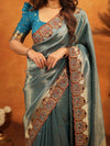 Teal Blue Banarasi Silk Saree with All-Over Zari Weaving & Ornamental Embroidered Border | Designer Wedding & Festive Wear Saree with Blouse
