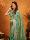 Mehendi Green Fendy Satin Embroidered Saree with Heavy Floral Border & Designer Pallu | Festive Wear Saree with Embroidered Blouse