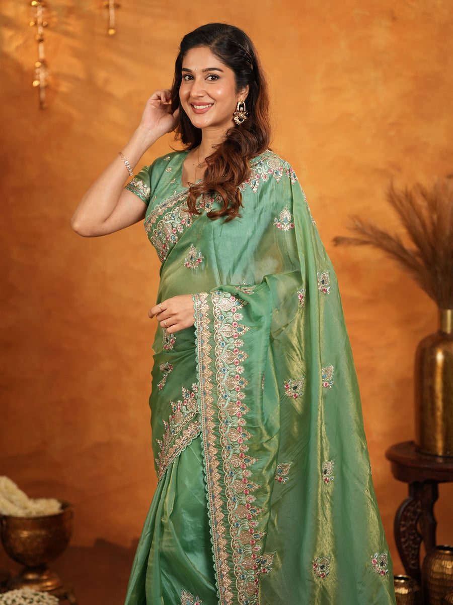 Mehendi Green Fendy Satin Embroidered Saree with Heavy Floral Border & Designer Pallu | Festive Wear Saree with Embroidered Blouse
