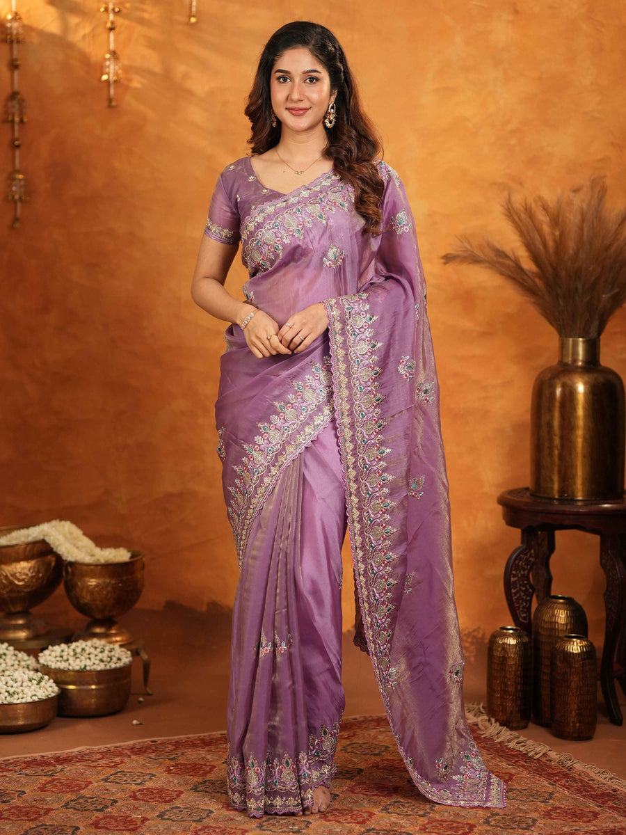 Lavender Purple Fendy Satin Embroidered Saree with Heavy Floral Border & Designer Pallu | Party Wear Saree with Embroidered Blouse