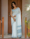 Pure White & Sky Blue Handloom Cotton Saree with Minimal Striped Border & Tassel Detailing