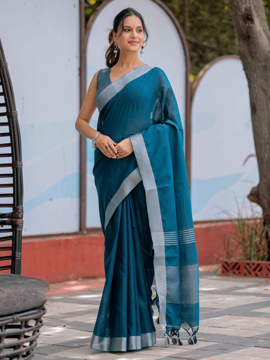 Teal Blue Pure Handloom Cotton Saree with Silver Border & Tassel Detailing