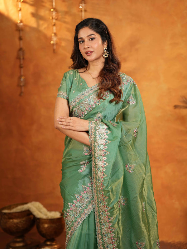 Mehendi Green Fendy Satin Embroidered Saree with Heavy Floral Border & Designer Pallu | Festive Wear Saree with Embroidered Blouse
