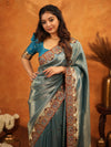 Teal Blue Banarasi Silk Saree with All-Over Zari Weaving & Ornamental Embroidered Border | Designer Wedding & Festive Wear Saree with Blouse