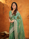 Mehendi Green Fendy Satin Embroidered Saree with Heavy Floral Border & Designer Pallu | Festive Wear Saree with Embroidered Blouse