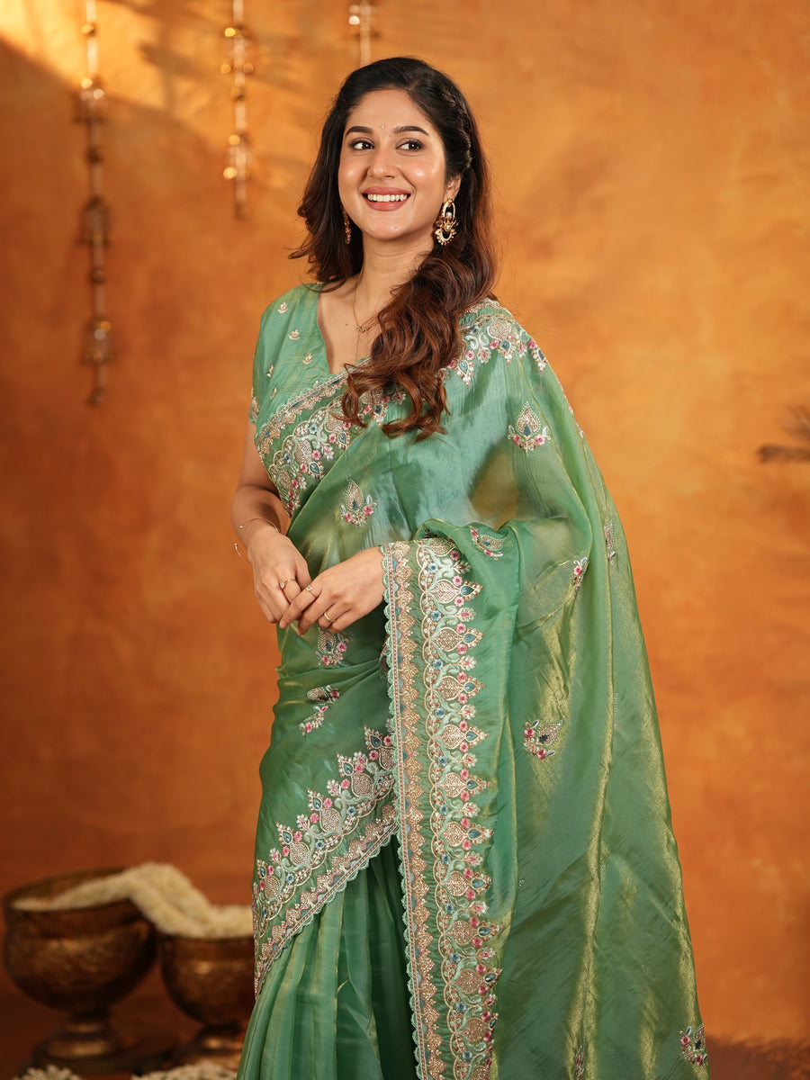 Mehendi Green Fendy Satin Embroidered Saree with Heavy Floral Border & Designer Pallu | Festive Wear Saree with Embroidered Blouse