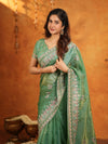 Mehendi Green Fendy Satin Embroidered Saree with Heavy Floral Border & Designer Pallu | Festive Wear Saree with Embroidered Blouse