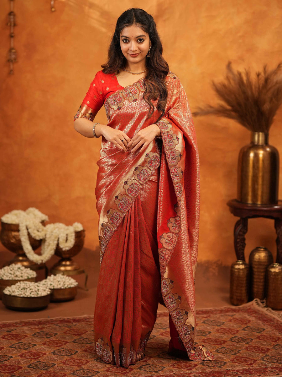 Tomato Red Banarasi Silk Saree with Rich Zari Weaving & Designer Embroidered Border | Wedding & Festive Wear Saree with Blouse & Tassels