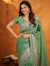 Mehendi Green Fendy Satin Embroidered Saree with Heavy Floral Border & Designer Pallu | Festive Wear Saree with Embroidered Blouse