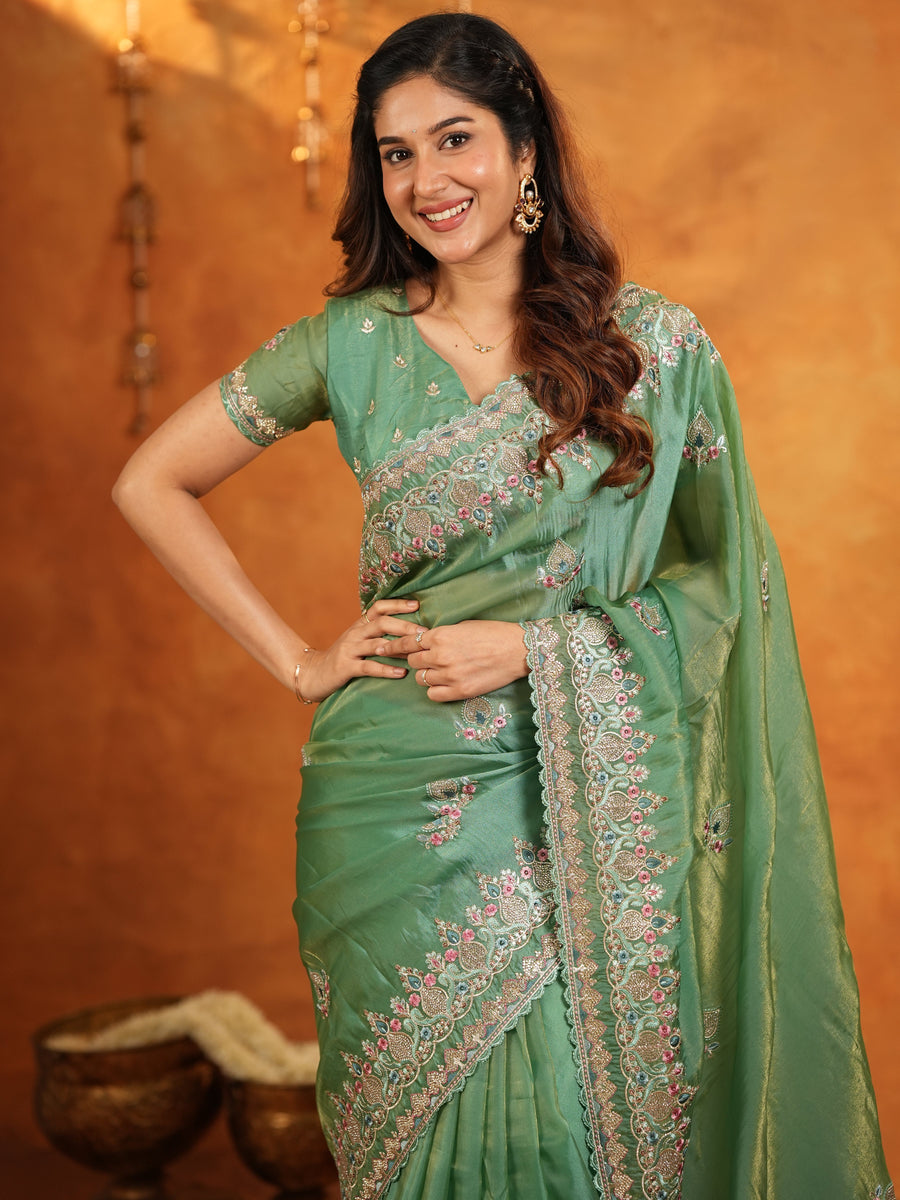 Mehendi Green Fendy Satin Embroidered Saree with Heavy Floral Border & Designer Pallu | Festive Wear Saree with Embroidered Blouse