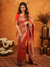 Tomato Red Banarasi Silk Saree with Rich Zari Weaving & Designer Embroidered Border | Wedding & Festive Wear Saree with Blouse & Tassels