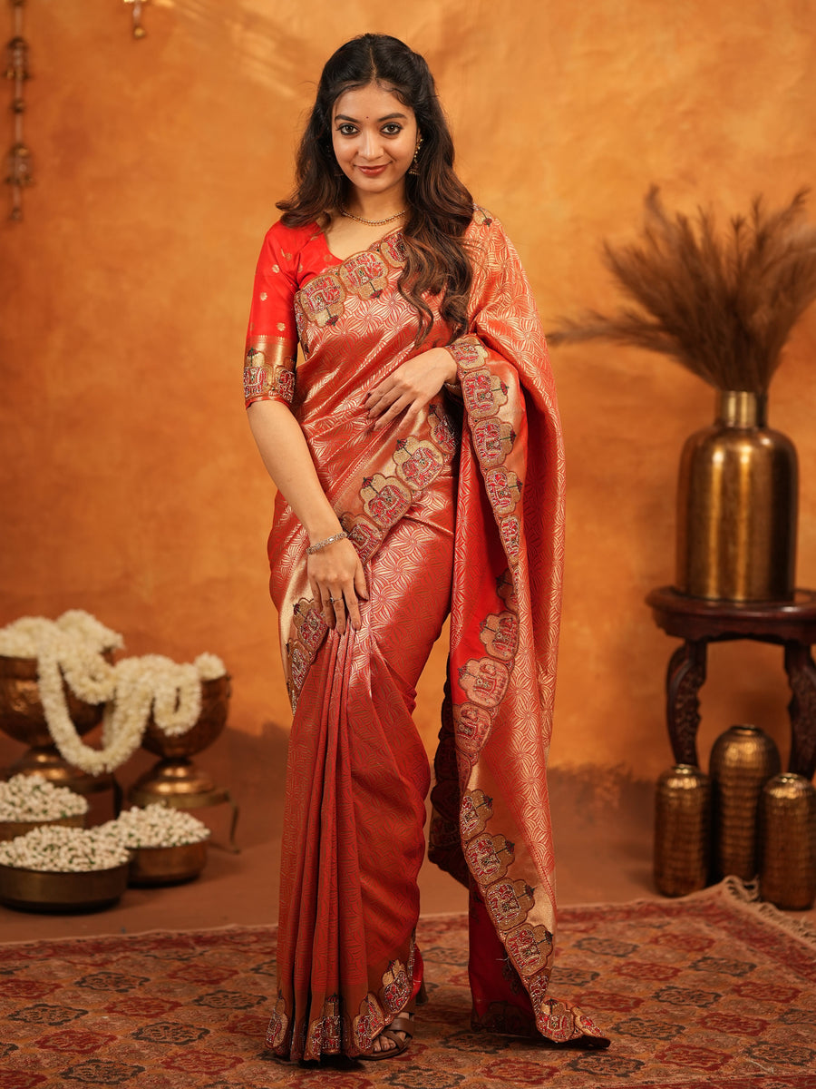 Tomato Red Banarasi Silk Saree with Rich Zari Weaving & Designer Embroidered Border | Wedding & Festive Wear Saree with Blouse & Tassels