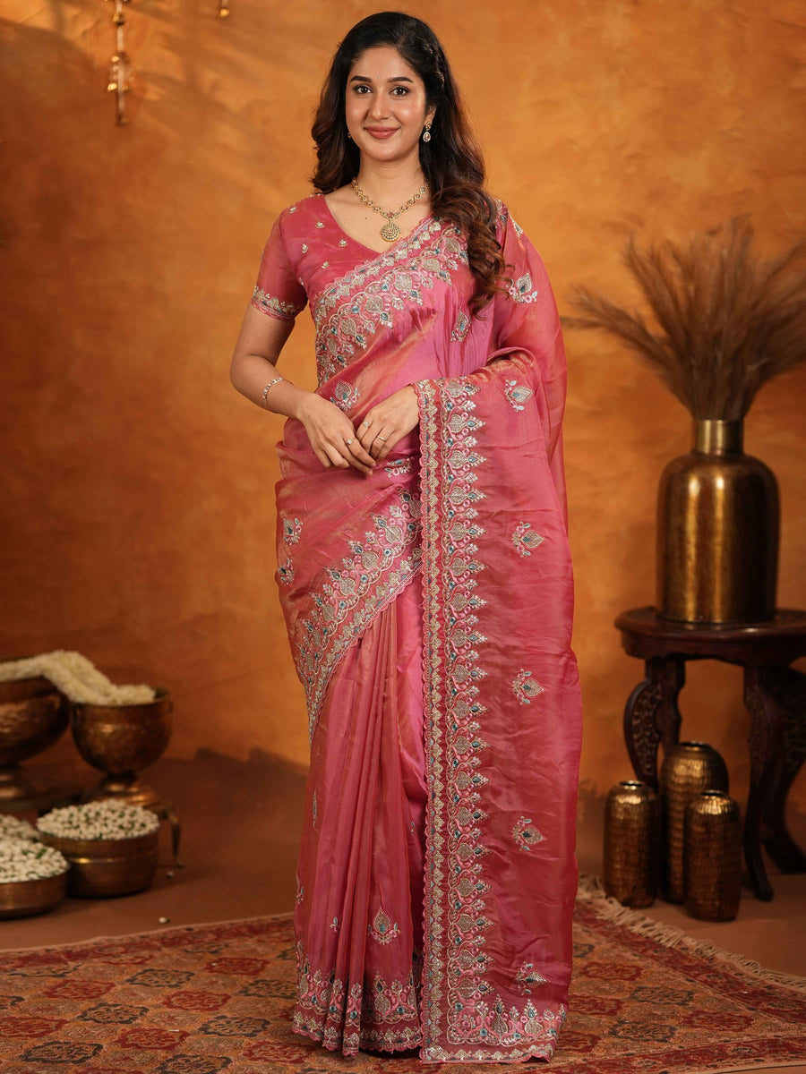 Dusty Rose Pink Fendy Satin Embroidered Saree with Heavy Floral Border & Designer Pallu | Festive Wear Saree with Embroidered Blouse