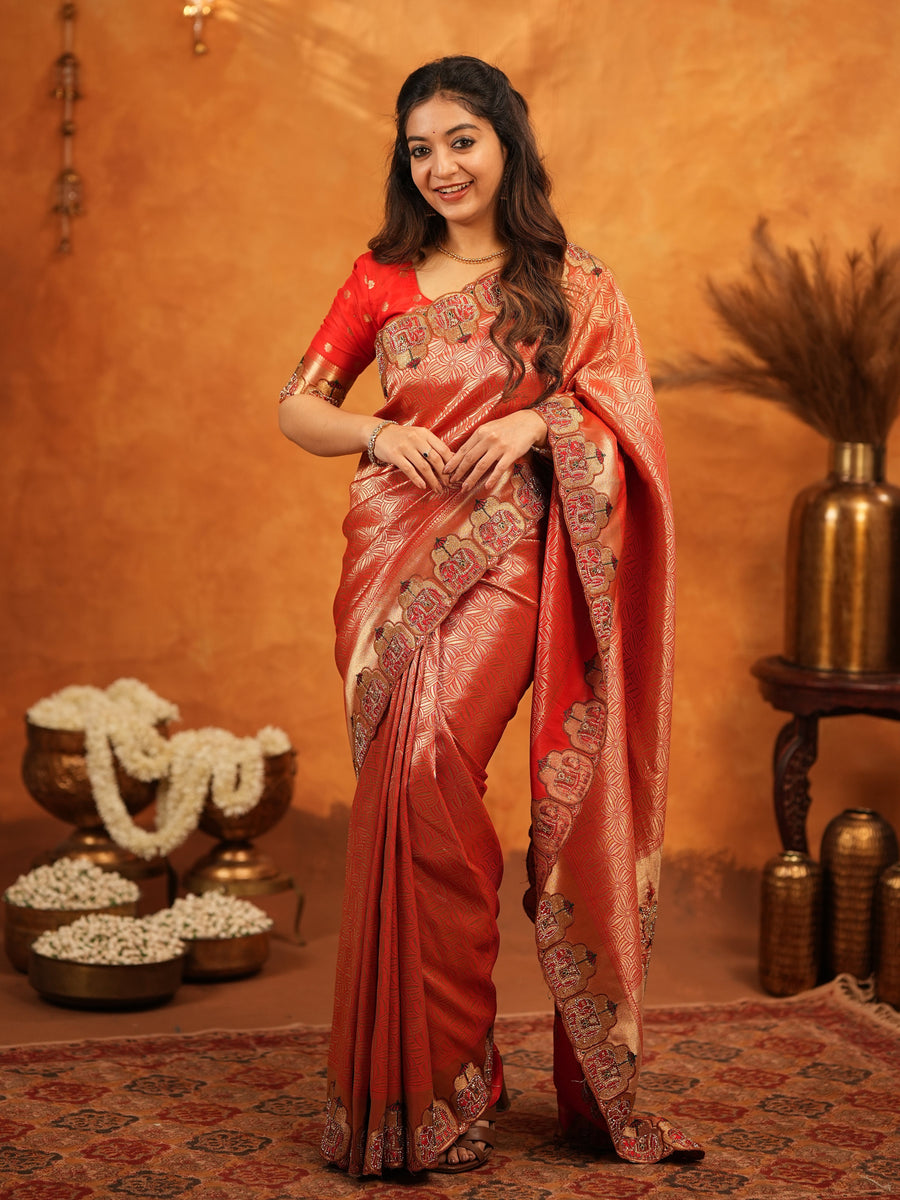 Tomato Red Banarasi Silk Saree with Rich Zari Weaving & Designer Embroidered Border | Wedding & Festive Wear Saree with Blouse & Tassels