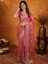 Dusty Rose Pink Fendy Satin Embroidered Saree with Heavy Floral Border & Designer Pallu | Festive Wear Saree with Embroidered Blouse