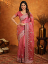 Dusty Rose Pink Fendy Satin Embroidered Saree with Heavy Floral Border & Designer Pallu | Festive Wear Saree with Embroidered Blouse