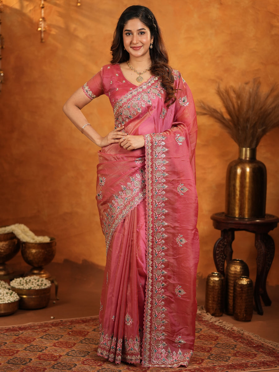 Dusty Rose Pink Fendy Satin Embroidered Saree with Heavy Floral Border & Designer Pallu | Festive Wear Saree with Embroidered Blouse