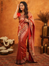 Tomato Red Banarasi Silk Saree with Rich Zari Weaving & Designer Embroidered Border | Wedding & Festive Wear Saree with Blouse & Tassels