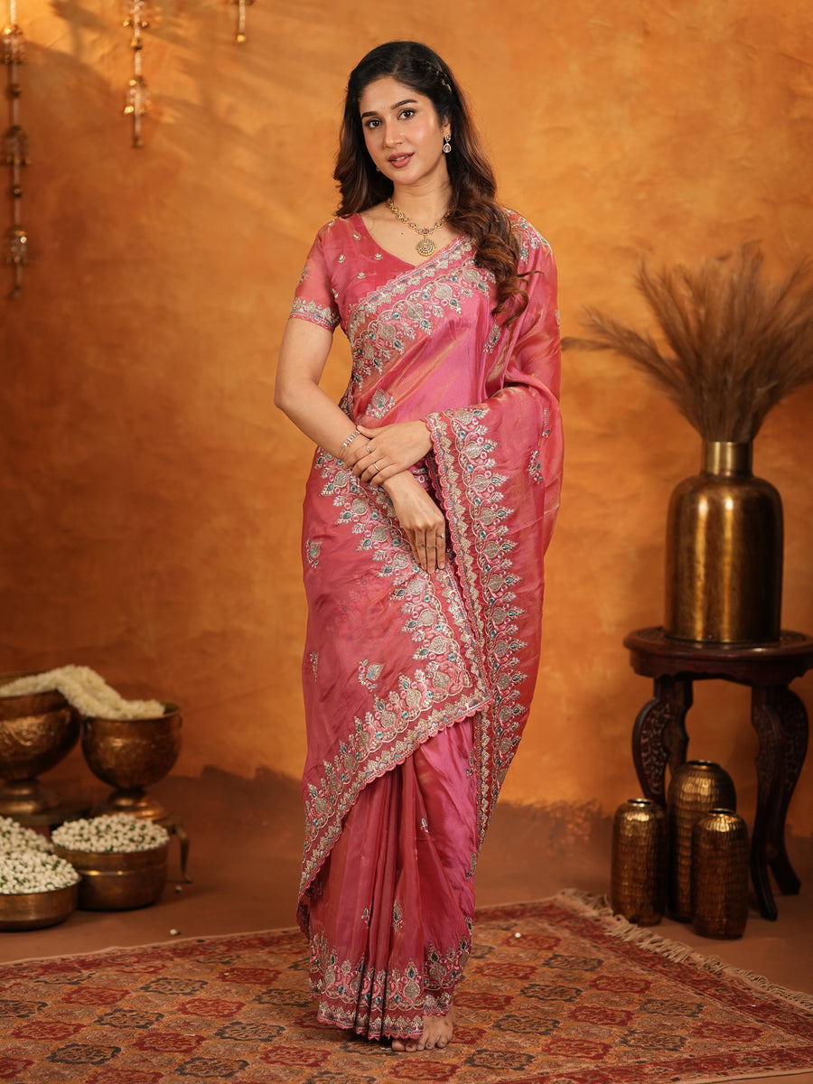 Dusty Rose Pink Fendy Satin Embroidered Saree with Heavy Floral Border & Designer Pallu | Festive Wear Saree with Embroidered Blouse