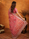 Dusty Rose Pink Fendy Satin Embroidered Saree with Heavy Floral Border & Designer Pallu | Festive Wear Saree with Embroidered Blouse