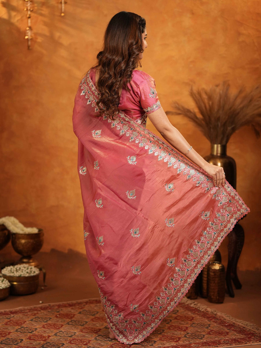 Dusty Rose Pink Fendy Satin Embroidered Saree with Heavy Floral Border & Designer Pallu | Festive Wear Saree with Embroidered Blouse