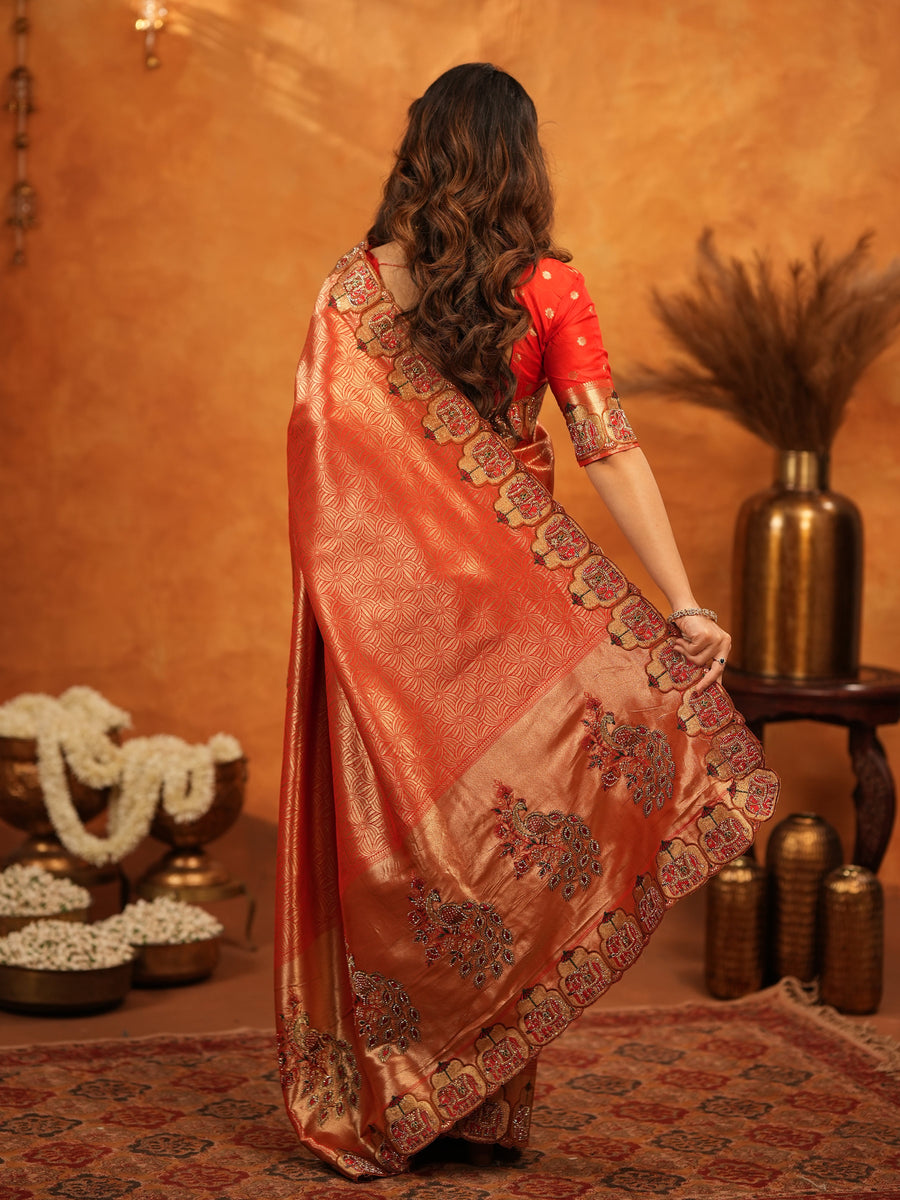 Tomato Red Banarasi Silk Saree with Rich Zari Weaving & Designer Embroidered Border | Wedding & Festive Wear Saree with Blouse & Tassels