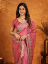 Dusty Rose Pink Fendy Satin Embroidered Saree with Heavy Floral Border & Designer Pallu | Festive Wear Saree with Embroidered Blouse