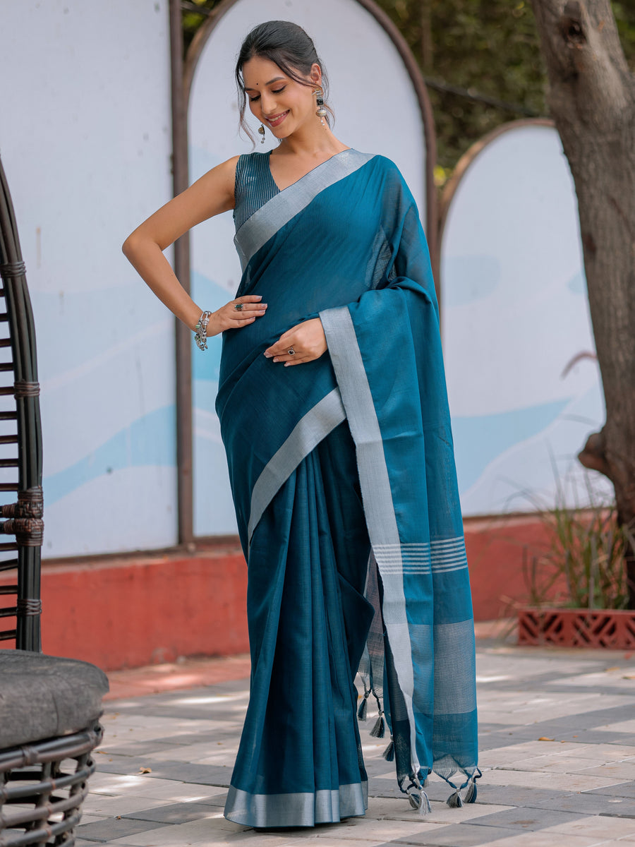 Teal Blue Pure Handloom Cotton Saree with Silver Border & Tassel Detailing