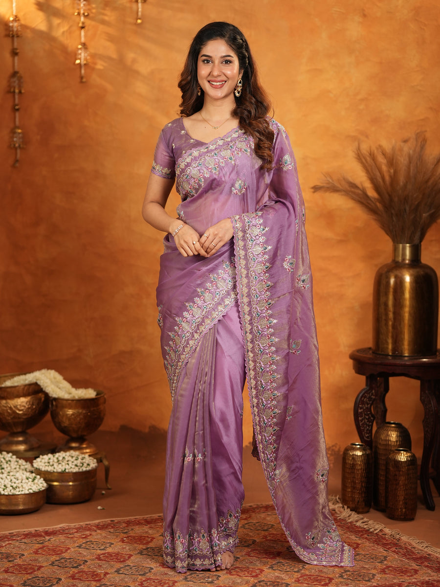 Lavender Purple Fendy Satin Embroidered Saree with Heavy Floral Border & Designer Pallu | Party Wear Saree with Embroidered Blouse