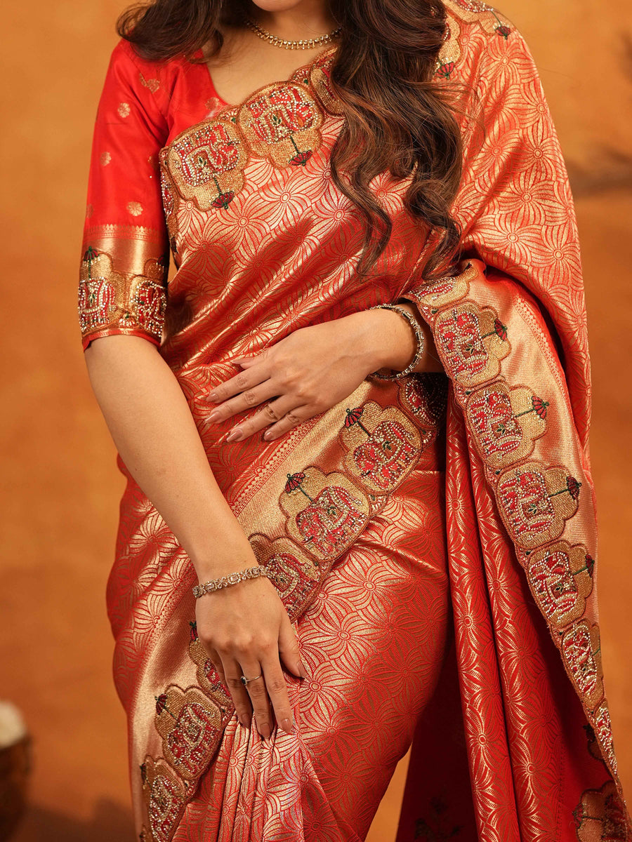 Tomato Red Banarasi Silk Saree with Rich Zari Weaving & Designer Embroidered Border | Wedding & Festive Wear Saree with Blouse & Tassels