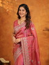 Dusty Rose Pink Fendy Satin Embroidered Saree with Heavy Floral Border & Designer Pallu | Festive Wear Saree with Embroidered Blouse
