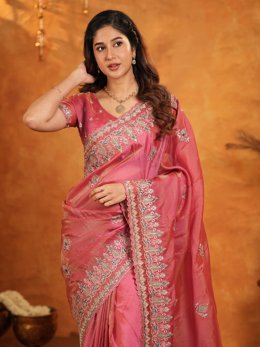 Dusty Rose Pink Fendy Satin Embroidered Saree with Heavy Floral Border & Designer Pallu | Festive Wear Saree with Embroidered Blouse