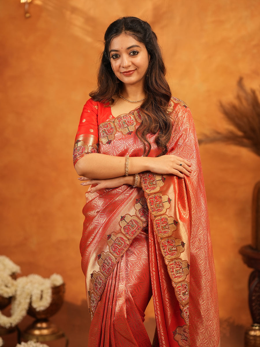 Tomato Red Banarasi Silk Saree with Rich Zari Weaving & Designer Embroidered Border | Wedding & Festive Wear Saree with Blouse & Tassels