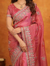 Dusty Rose Pink Fendy Satin Embroidered Saree with Heavy Floral Border & Designer Pallu | Festive Wear Saree with Embroidered Blouse