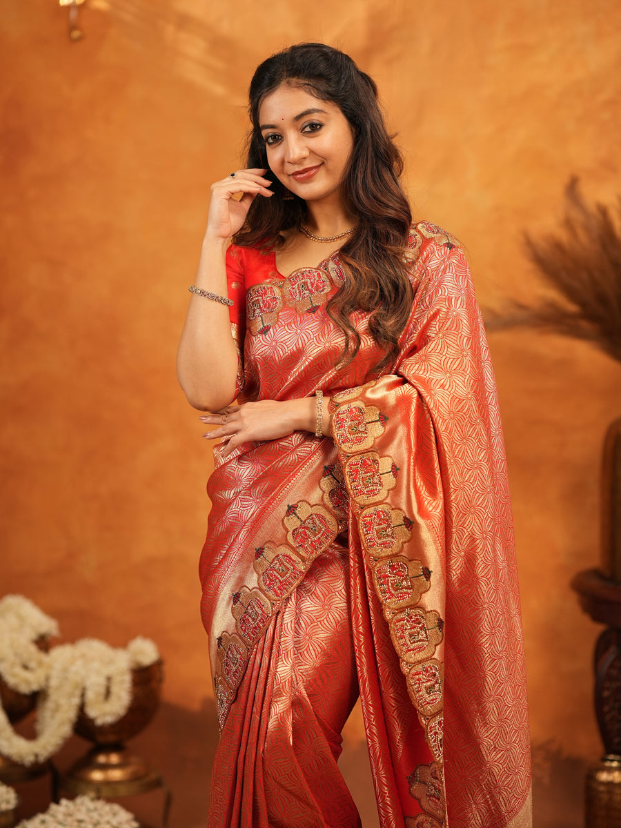 Tomato Red Banarasi Silk Saree with Rich Zari Weaving & Designer Embroidered Border | Wedding & Festive Wear Saree with Blouse & Tassels