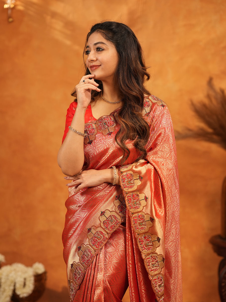 Tomato Red Banarasi Silk Saree with Rich Zari Weaving & Designer Embroidered Border | Wedding & Festive Wear Saree with Blouse & Tassels