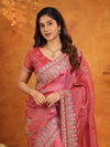 Dusty Rose Pink Fendy Satin Embroidered Saree with Heavy Floral Border & Designer Pallu | Festive Wear Saree with Embroidered Blouse