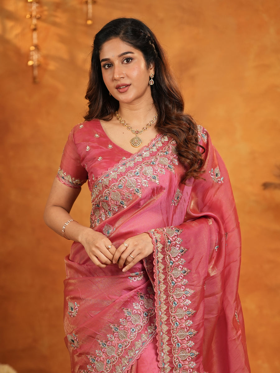 Dusty Rose Pink Fendy Satin Embroidered Saree with Heavy Floral Border & Designer Pallu | Festive Wear Saree with Embroidered Blouse