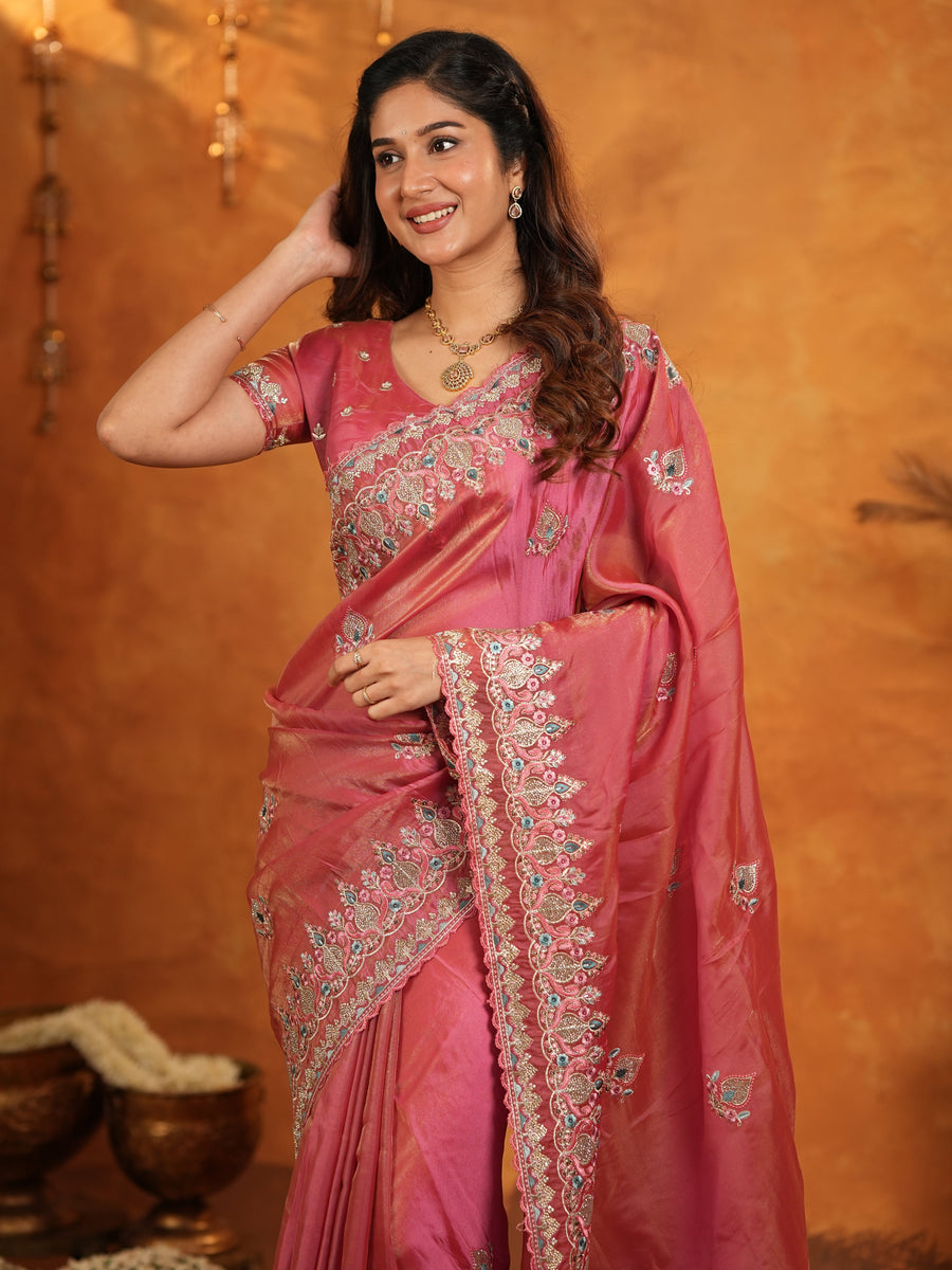 Dusty Rose Pink Fendy Satin Embroidered Saree with Heavy Floral Border & Designer Pallu | Festive Wear Saree with Embroidered Blouse