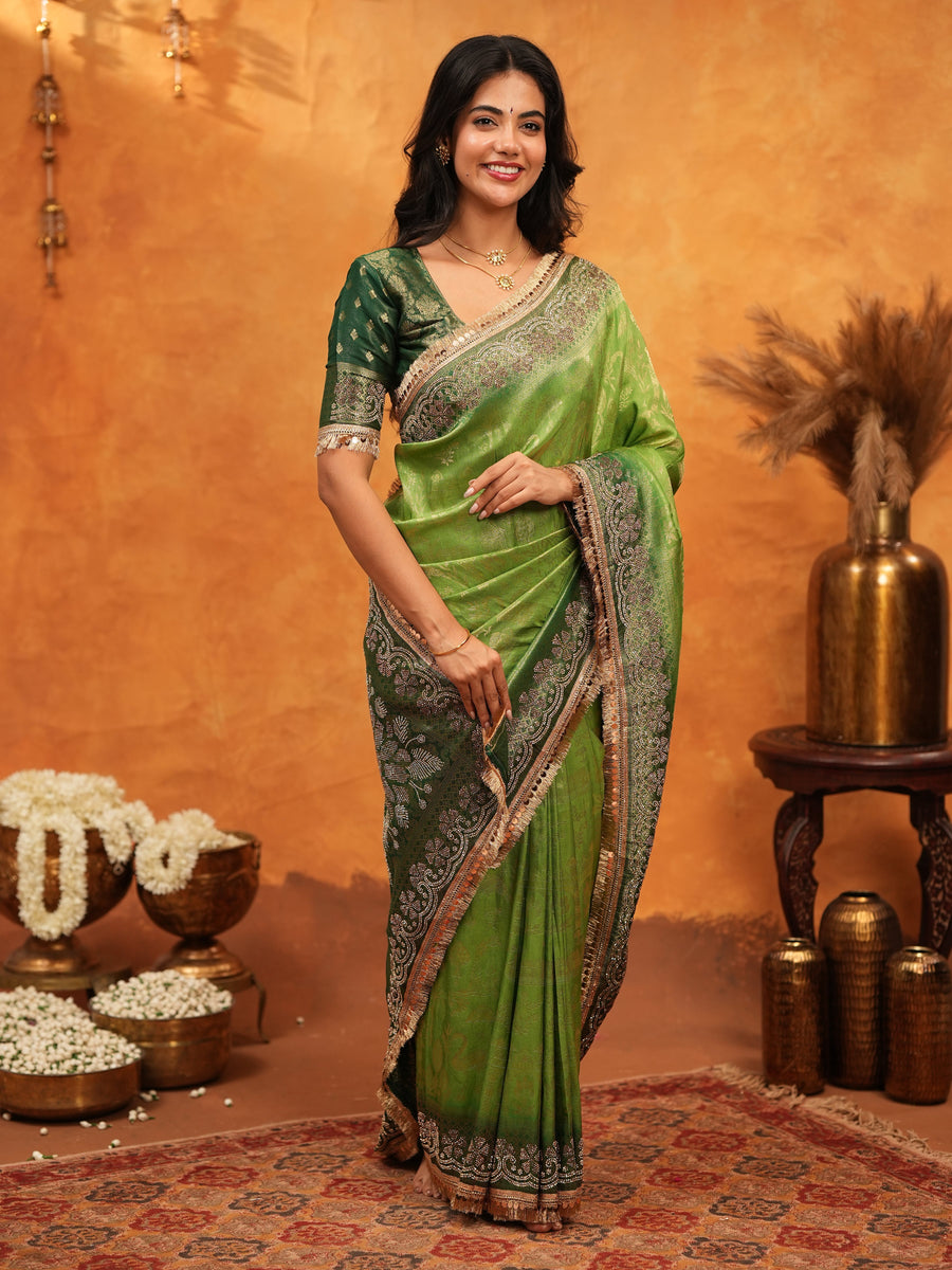 Emerald Green Banarasi Silk Saree with Intricate Zari Border & Rich Woven Pallu | Designer Festive & Wedding Wear Saree
