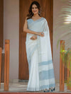 Pure White & Sky Blue Handloom Cotton Saree with Minimal Striped Border & Tassel Detailing