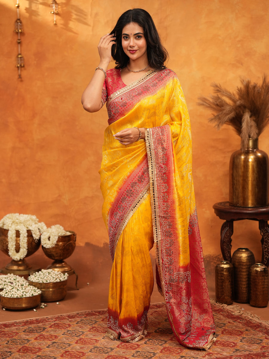 Sunshine Yellow & Red Banarasi Silk Saree with Rich Zari Border & Contrast Pallu | Designer Festive & Wedding Wear Saree
