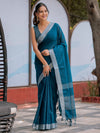 Teal Blue Pure Handloom Cotton Saree with Silver Border & Tassel Detailing