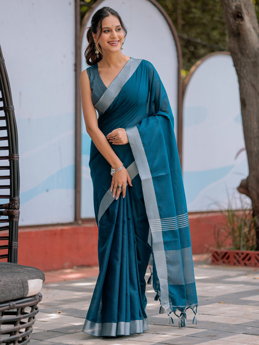 Teal Blue Pure Handloom Cotton Saree with Silver Border & Tassel Detailing