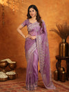 Lavender Purple Fendy Satin Embroidered Saree with Heavy Floral Border & Designer Pallu | Party Wear Saree with Embroidered Blouse